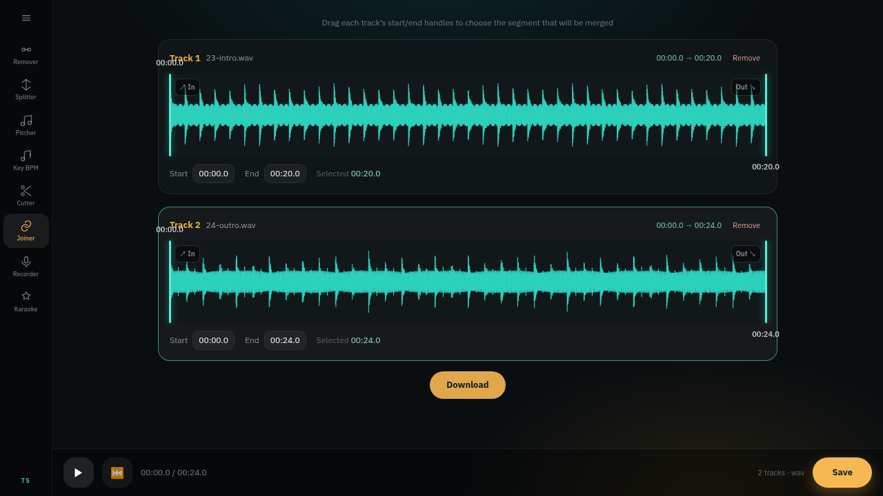 أداة Joiner في Audio Studio مع مسارين، لكل منهما موجته الصوتية