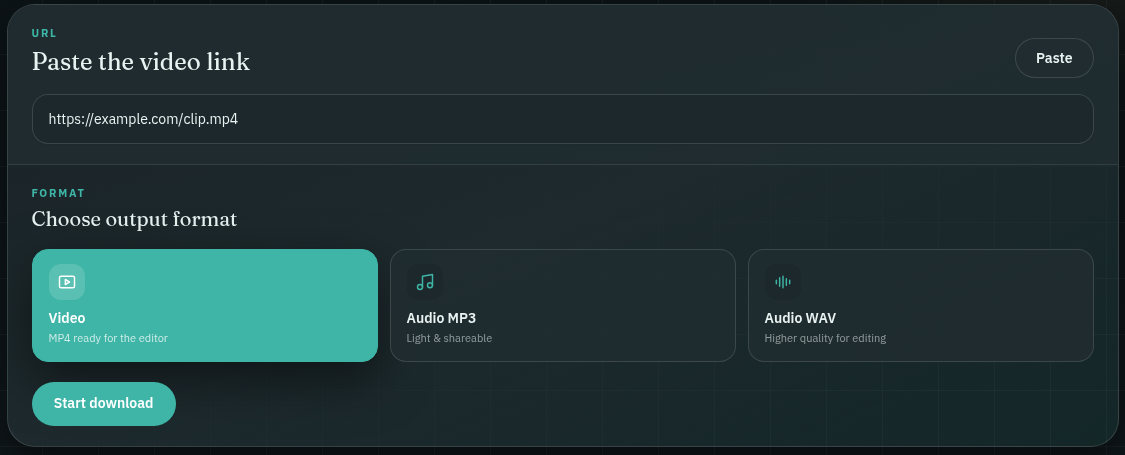 صفحة Downloader بعد لصق رابط واختيار Video وجاهزية زر Start download