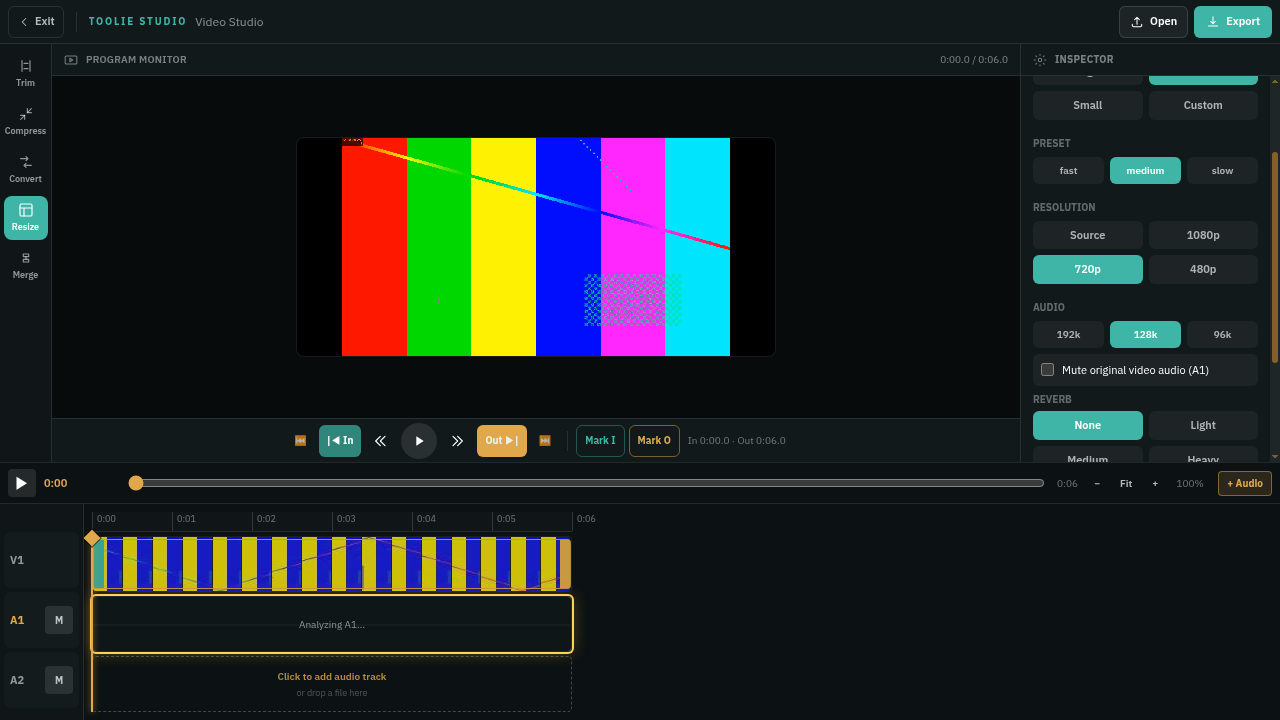 أداة Resize في Video Studio مع تحديد 720p