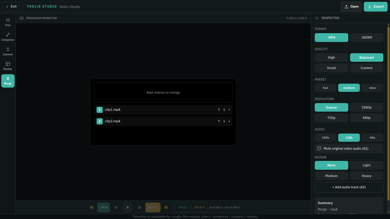 أداة Merge في Video Studio مع مقطعين مرتبين في قائمة