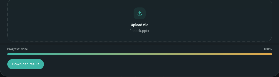 تبويب To PDF مع ملف PowerPoint مرفوع والتقدم يعرض done