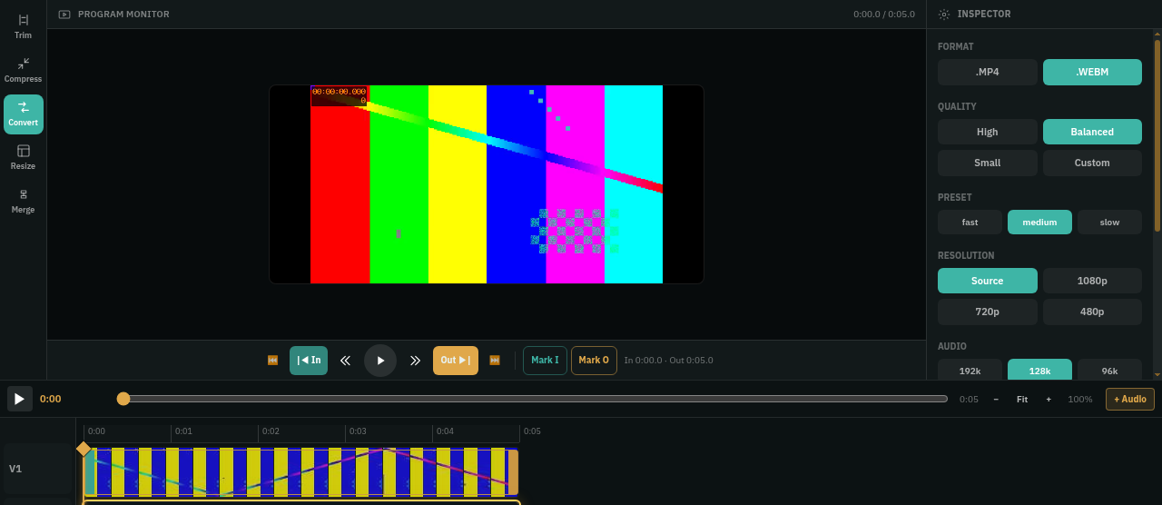 أداة Convert في Video Studio مع اختيار صيغة WebM