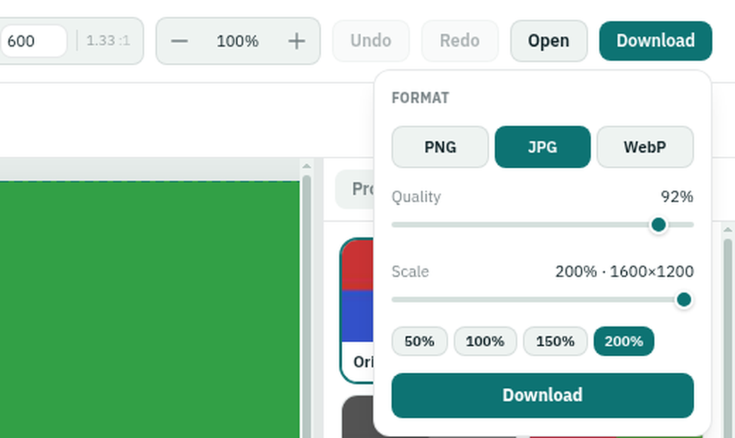 لوحة Download في استوديو الصور تعرض Format وQuality وScale
