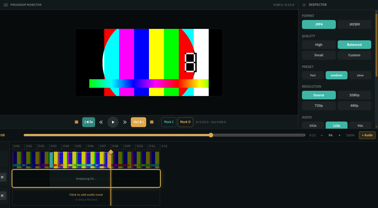 أداة Trim في Video Studio مع تحديد نقطتي In وOut على الخط الزمني
