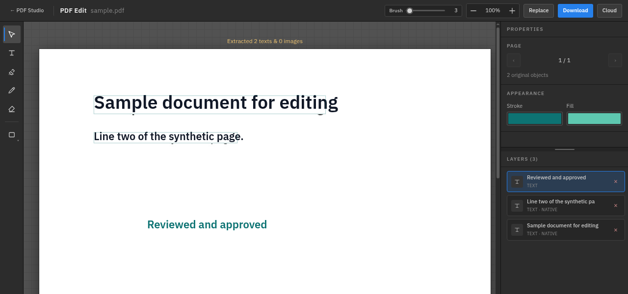 PDF Edit مع طبقة نص جديدة مضافة إلى الصفحة