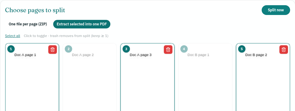 اختيار الصفحات في أداة التقسيم داخل استوديو PDF